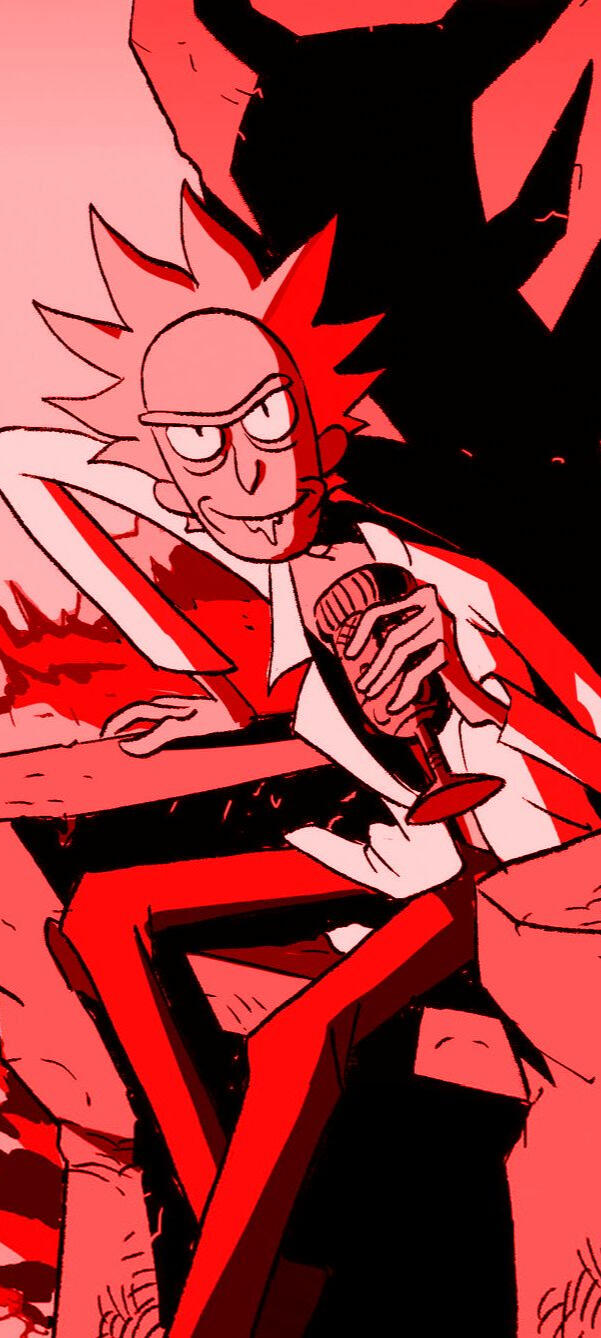 Image of Rick Sanchez from the television series Rick and Morty. He is sitting on a throne holding a chalice in one hand, smiling at the viewer.